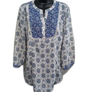 Forever 21 Shirt 1X Blue/White Women's Tunic Top Floral Bohemian Ruffle Blouse